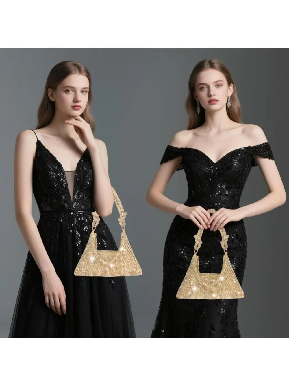 Womens Champagne Gold Rhinestone Mesh Clutch Evening Handbag Wedding Party Purse